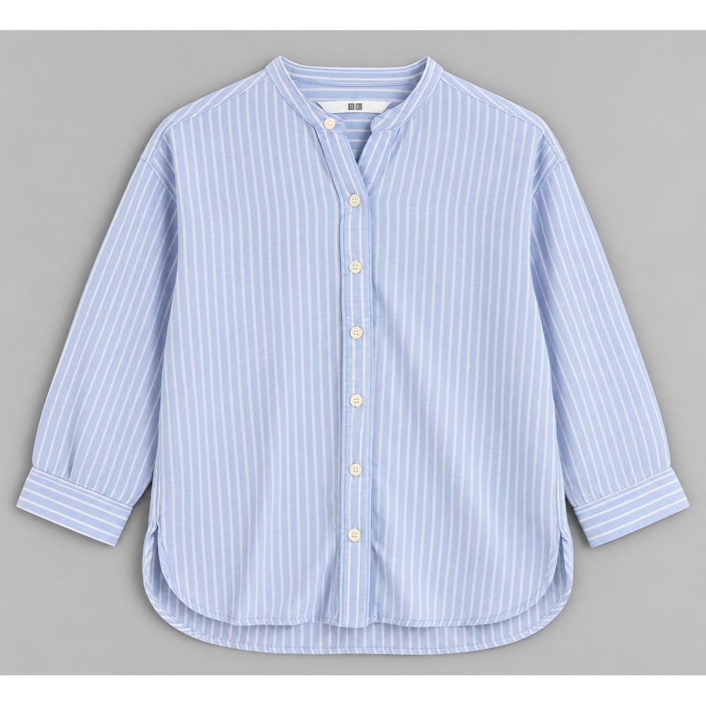 Uniqlo Womens Small Blue White Striped Linen Blend Band Collar Shirt